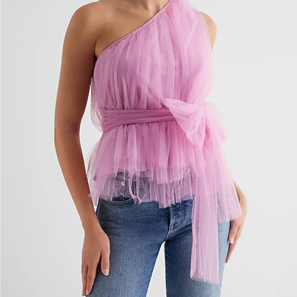 Sheer One-Shoulder Pink Tulle Peplum Top